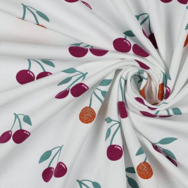 POPPY FABRICS - JERSEY GLITTER CHERRIES - OFF WHITE