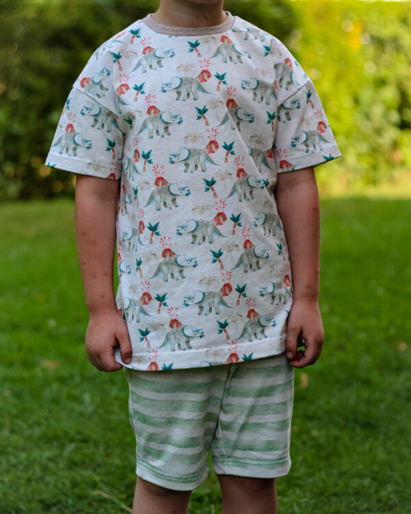 HILCO TEXTILES - JERSEY - DINO FRIENDS - TURQUOISE/BROWN/ECRU
